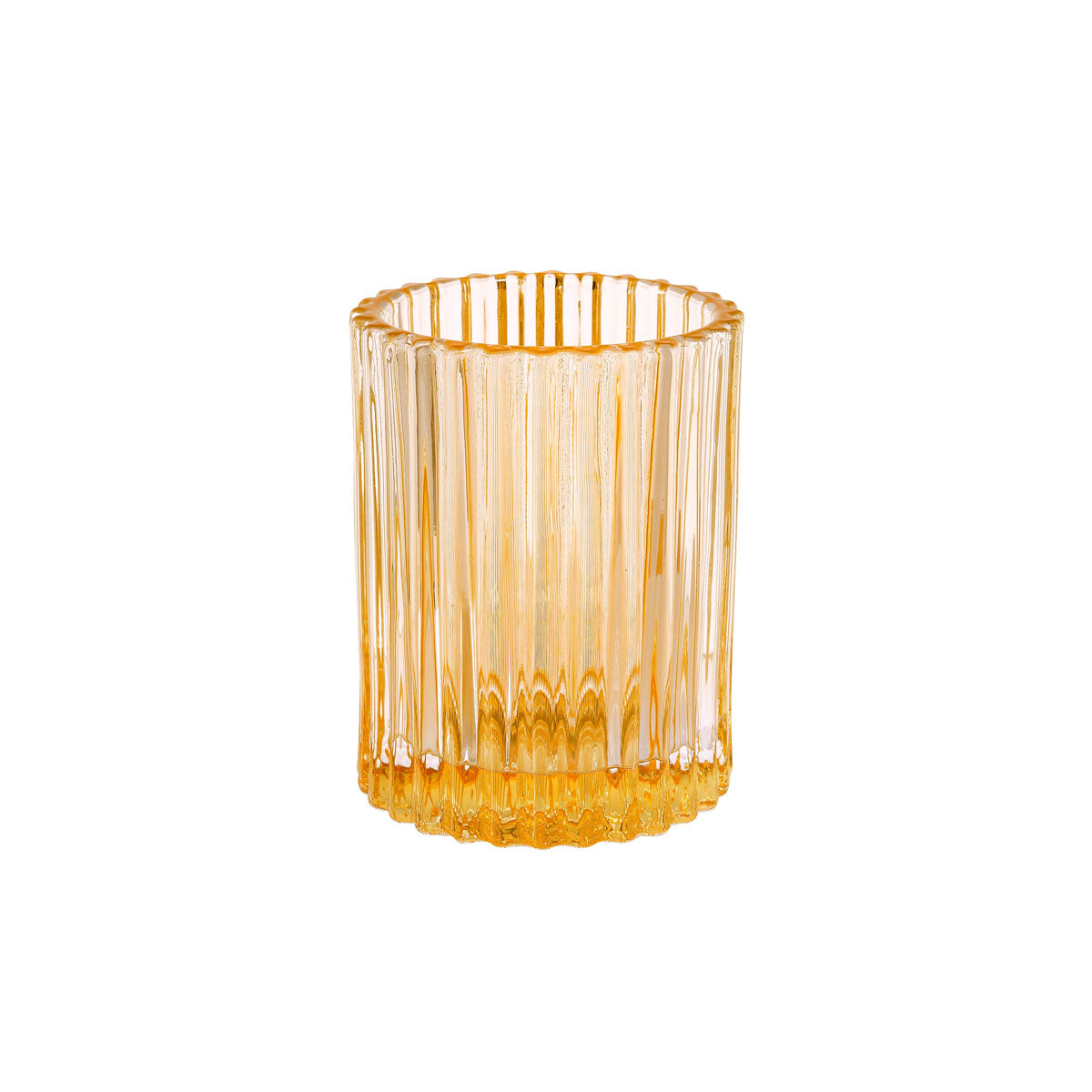 Der cremegelbe Glas-Kerzenhalter Comodo von Duni GmbH (70 x 55 mm) mit vertikalen Rillen und einem dicken, strukturierten Boden wird in einer schlichten weißen Fassung gezeigt. Die Packung enthält 1 Stück.