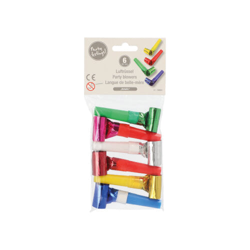 A transparent plastic package contains six party blowers from PAPSTAR GmbH in various colors with metallic surfaces; the top label shows the brand and indicates that they are not suitable for children under three years old.