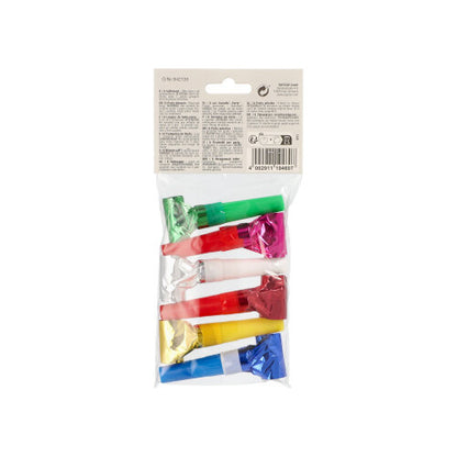A transparent plastic packaging with 6 party blowers from PAPSTAR GmbH, each with a differently colored mouthpiece and metal foil, ideal for children's birthdays. Pictured against a white background with label and barcode.
