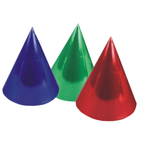 Sechs metallisch glänzende Partyhüte der PAPSTAR GmbH in verschiedenen Farben stehen aufrecht auf weißem Untergrund – das ideale Partyzubehör, das jeder Feier lebendige Metallic-Töne verleiht. Beutel enthält 6 Stück.