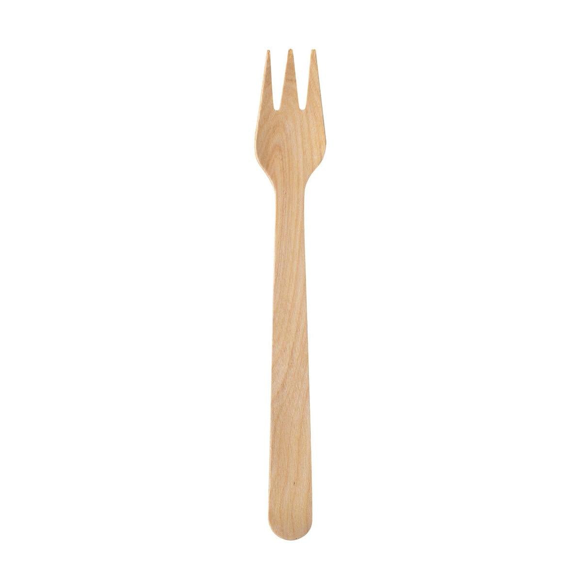 The Silva 185 mm fork from Duni GmbH is a biodegradable, waxed wooden fork with three prongs, pack of 100 pieces, environmentally friendly and photographed on a white background.