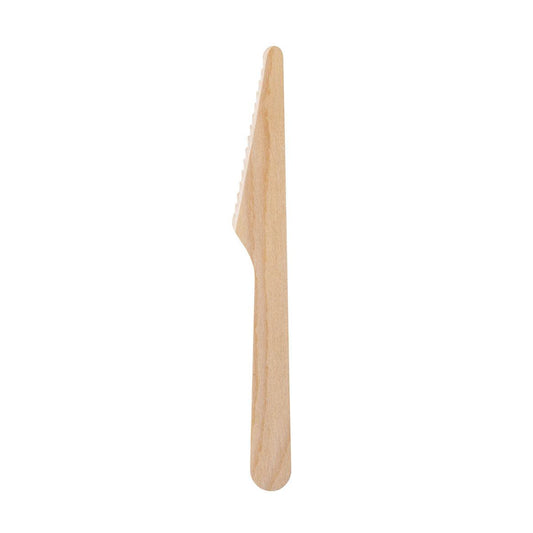 Abgebildet ist ein Messer Silva 185 mm der Duni GmbH mit gezackter Kante und sichtbarer heller Holzmaserung (Holz gewachst Natural, Packung 100 Stück) vor weißem Hintergrund.