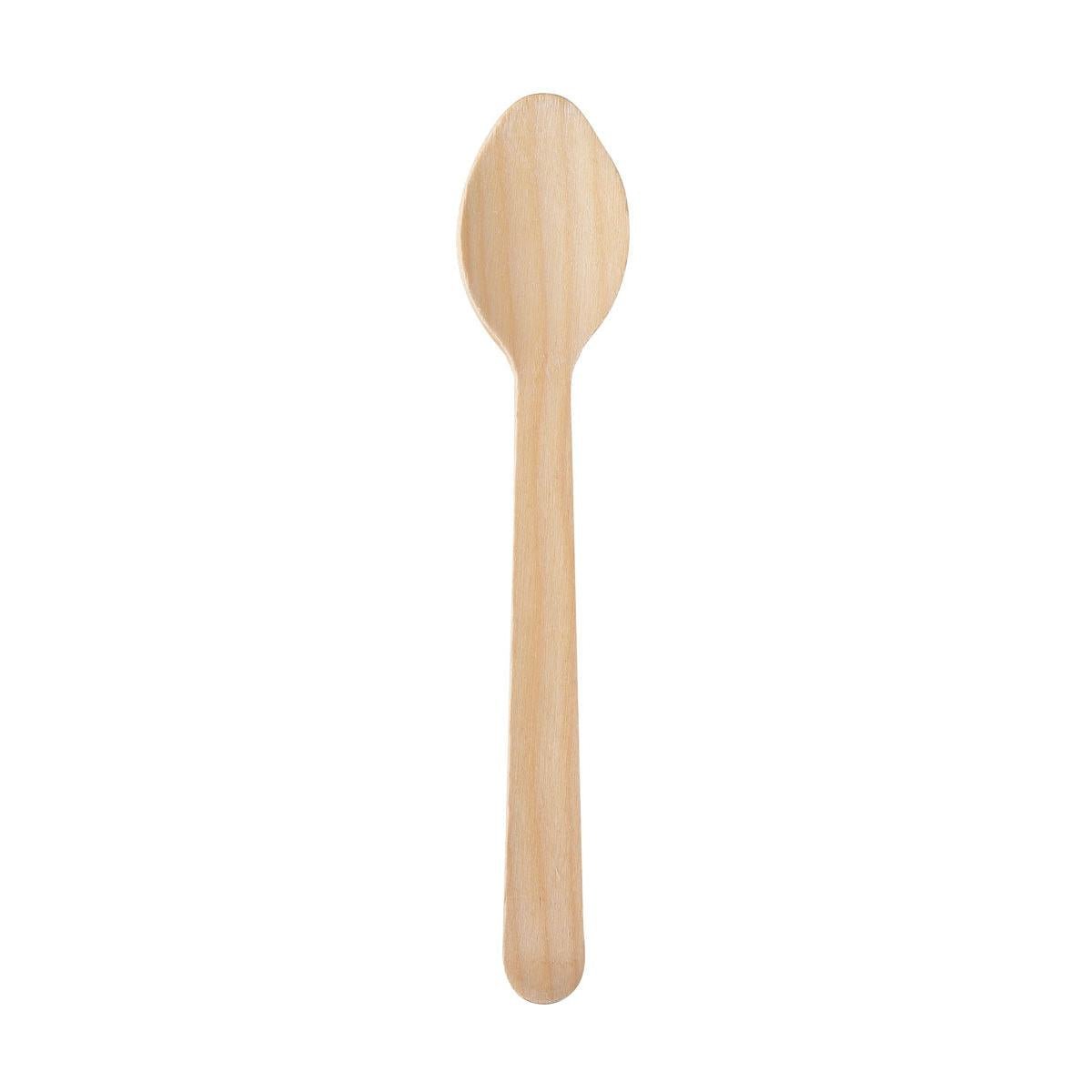 The spoon Silva 185 mm from Duni GmbH made of waxed natural wood with a flat handle and round bowl is shown vertically against a white background. Package: 100 pieces.