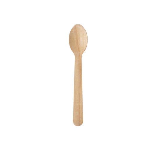 Ein Kaffeelöffel Silva 130 mm von Duni GmbH aus natürlich gewachstem Holz ist vertikal vor weißem Hintergrund zu sehen. Der Löffel besitzt eine runde Schale und einen flachen Griff.