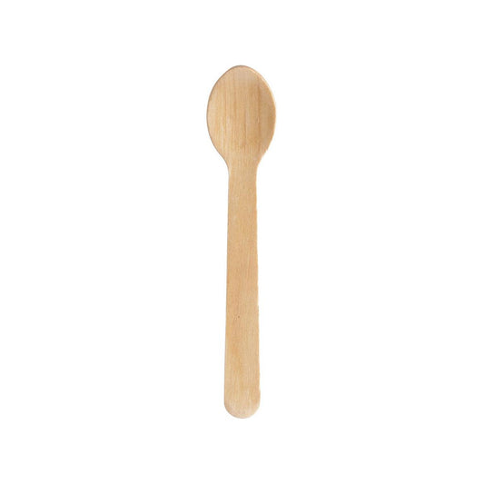 Ein naturgewachster Mini Löffel Silva 90 mm von Duni GmbH, hergestellt aus Holz gewachst und mit einem flachen Griff mit einer abgerundeten Schale, ist isoliert auf einem weißen Hintergrund dargestellt. Verkauft in Packungen zu 100 Stück.