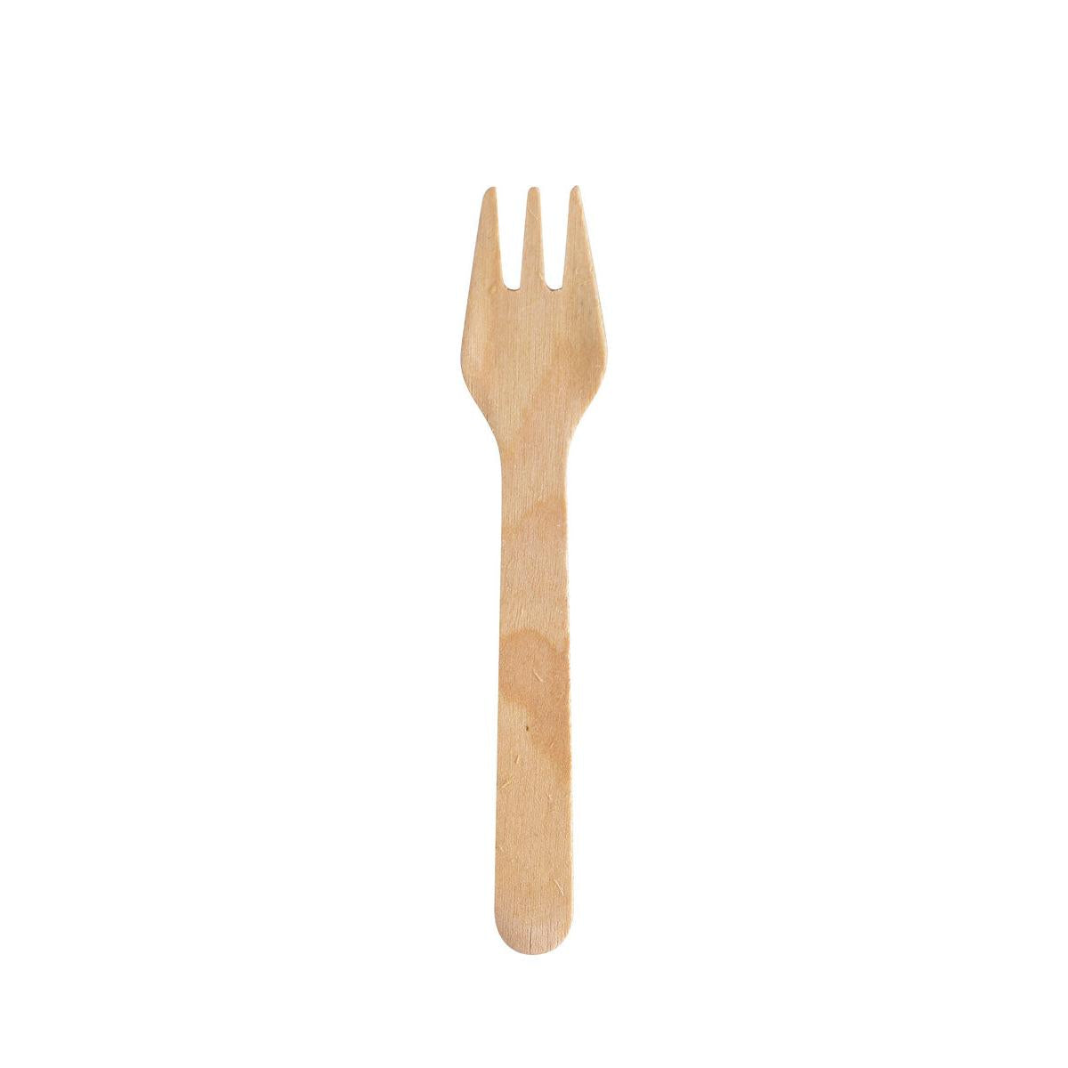 Die Mini Gabel Silva 90 mm von Duni GmbH, aus gewachstem Holz als nachhaltiges Einwegbesteck (Packung mit 100 Stück), ist mit drei Zinken vor weißem Hintergrund abgebildet.