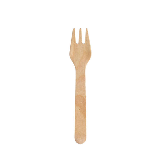 Die Mini Gabel Silva 90 mm von Duni GmbH, aus gewachstem Holz als nachhaltiges Einwegbesteck (Packung mit 100 Stück), ist mit drei Zinken vor weißem Hintergrund abgebildet.