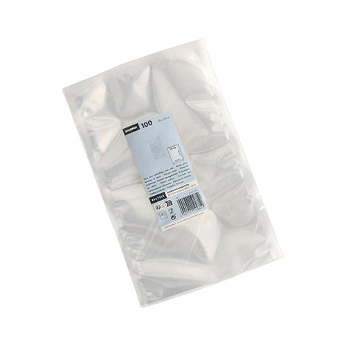 Eine durchsichtige Kunststoffpackung mit 100 Starpak Siegelrandbeuteln (PA/PE, 40 x 30 cm, transparent) für Lebensmittel, mit einem weiß-blauen Etikett mit Angaben und Menge. Der Artikel ist auf weißem Hintergrund fotografiert.