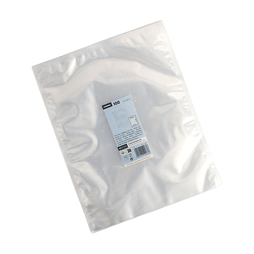 Abgebildet ist ein flacher, leerer Starpak 100 Siegelrandbeutel (PA/PE transparent) im Format 40 x 30 cm mit einem weiß-blauen Zentraletikett auf weißem Hintergrund. Die Packung enthält 100 wiederverschließbare Vakuum-Lebensmittelbeutel der Marke Starpak.