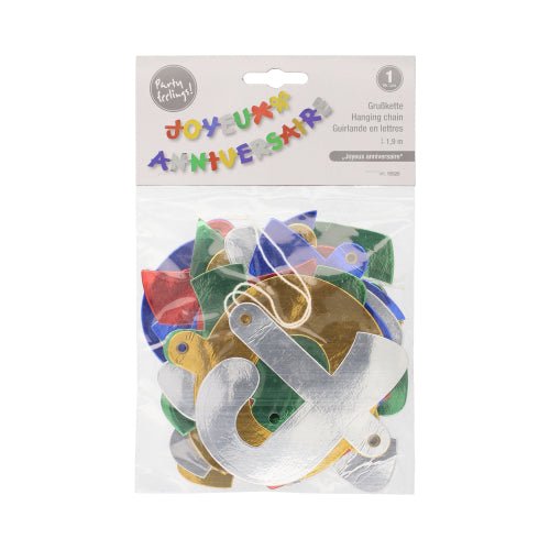 The PAPSTAR GmbH greeting chain (1.9 m) "Joyeux Anniversaire" is a festive, colorful garland for birthday decorations with metallic letters. It is delivered in a clear plastic bag with a labeled lid.