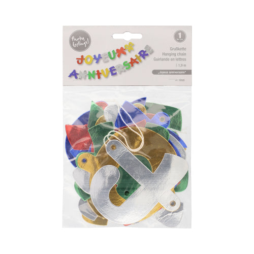 Die PAPSTAR Grußkette 1,9 m „Joyeux Anniversaire“ (1 Stück, PAPSTAR GmbH) ist eine metallische, mehrfarbige Buchstabengirlande in Klarsichtverpackung mit französischer und englischer Beschriftung auf dem Kopf – perfekt für jede Geburtstagsfeier.