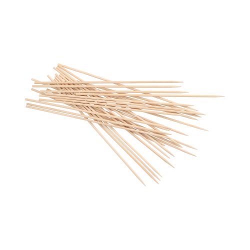 Ein Bündel von 100 PAPSTAR Schaschlikspießen aus Holz (3 mm Ø, 20 cm) ist auf weißem Grund abgebildet. Jeder Spieß ist dünn, zylindrisch und an beiden Enden spitz – ideal für Grillgerichte oder Schaschlik. Marke: PAPSTAR GmbH.