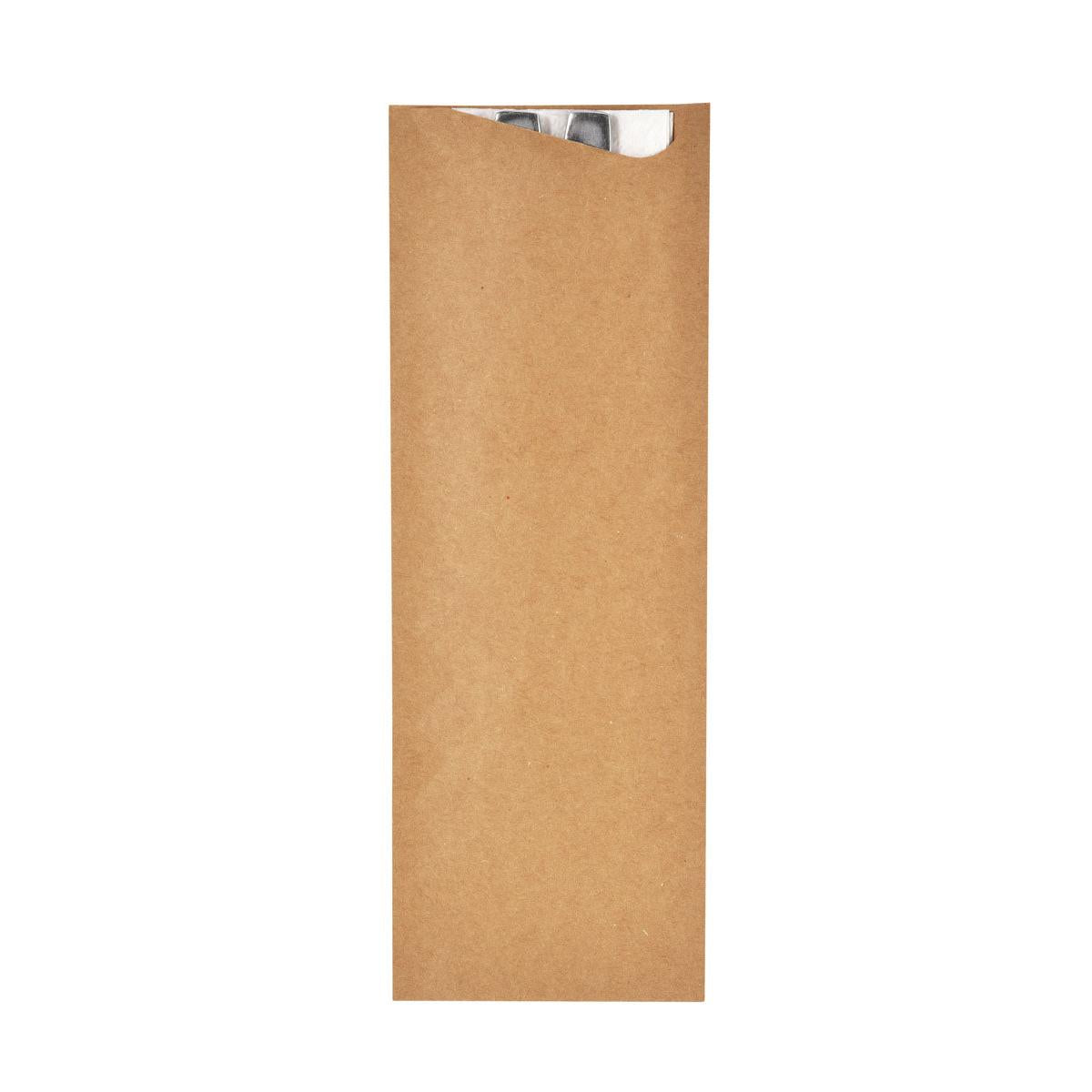 Ein Briefumschlag der Duni GmbH Sacchetto Zelltuch XL Kraftpapier/weiß (240 x 85 mm, Packung 350 Stück) enthält einen teilweise sichtbaren Metallgegenstand, möglicherweise ein Besteck, der aus der Oberseite vor einem weißen Hintergrund herausragt.