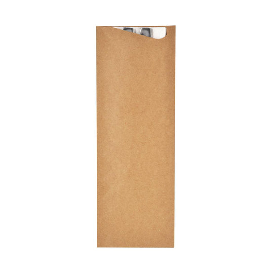 Ein Briefumschlag der Duni GmbH Sacchetto Zelltuch XL Kraftpapier/weiß (240 x 85 mm, Packung 350 Stück) enthält einen teilweise sichtbaren Metallgegenstand, möglicherweise ein Besteck, der aus der Oberseite vor einem weißen Hintergrund herausragt.