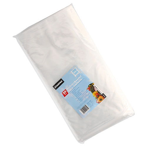 Eine transparente Kunststoffverpackung enthält 100 Starpak LDPE-Gefrierbeutel (60 x 40 cm, je 20 l). Das blaue Etikett zeigt die Marke Starpak, Produktdetails und Bilder von frischen Produkten.