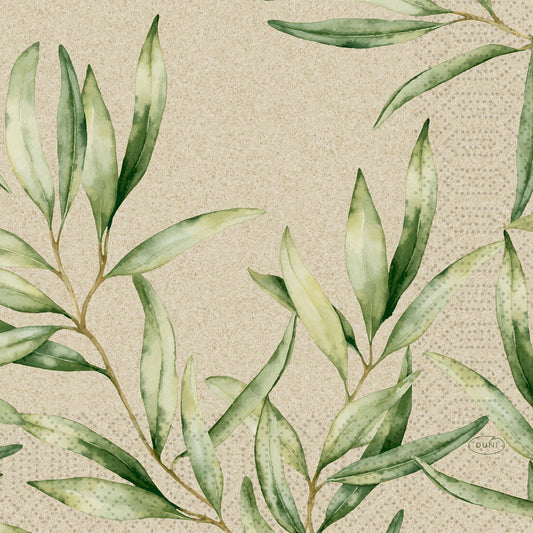 Aquarelliertes Laubmotiv mit grünen, belaubten Zweigen auf beige gepunktetem Hintergrund, ideal für Duni GmbH Zelltuchservietten 33 x 33 cm 3lagig 1/4 Falz Laub (250 Stück).