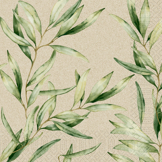 Dieses aquarellierte Laubdesign mit eleganten grünen Blättern auf Beige verleiht den Zelltuchservietten 40 x 40 cm 3lagig 1/4 Falz Foliage von Duni GmbH, Packung (250 Stück) einen botanischen Touch. Perfekt für eine von der Natur inspirierte Tischdekoration.