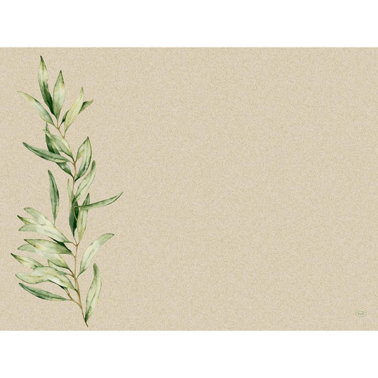 Ein beigefarbener, strukturierter Hintergrund mit einem aquarellierten Laubmuster aus grünen, belaubten Zweigen auf der linken Seite, wobei die rechte Seite größtenteils frei bleibt. Ideal für Dunicel-Tischsets 30 x 40 cm Foliage von Duni GmbH, Packung (100 Stück).