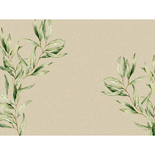 Beigefarbener Hintergrund mit zwei grünen Blattzweigen im Aquarell-Stil, einer oben links und einer unten rechts, wobei die Mitte leer bleibt. Ideal für Duni GmbH Papier-Tischsets 30 x 40 cm | Packung (250 Stück).