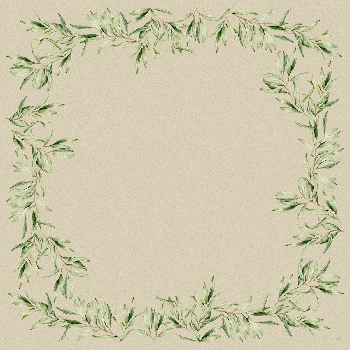 Square floral frame with green watercolor leaves on a beige, textured background, perfect for presenting Duni GmbH Dunisilk table covers 84 x 84 cm Foliage (pack of 20), with an empty center for your text or images.