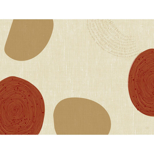 Duni GmbH Papier-Tischsets 30 x 40 cm Erdig (250 Stück): Abstraktes Kunstdesign auf umweltfreundlichen Tischsets mit beigefarbenem, strukturiertem Hintergrund, kräftigen ockerfarbenen und roten Formen sowie Linien im Fingerprint-Stil und feinen gestrichelten Akzenten.