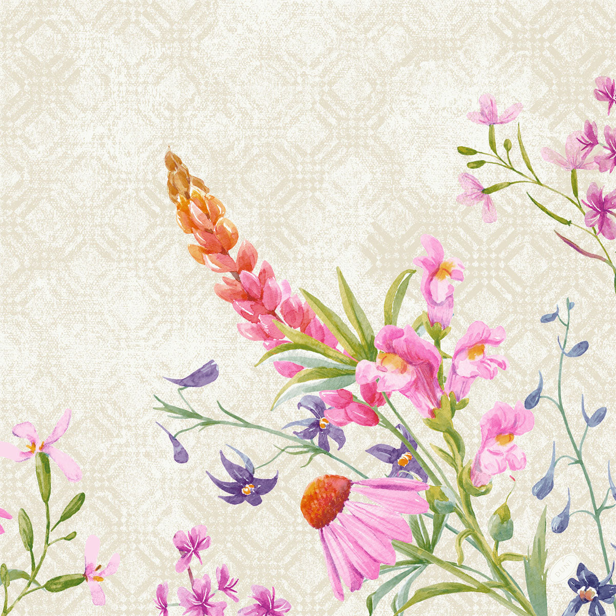 Aquarellierte Wildblumen in Rosa, Lila und Orange mit grünen Stielen bilden ein Floret-Muster auf hellbeigem Hintergrund. Ideal für elegante Papierservietten wie Serv.40x40 4lg Klassik Floret 50P. von Duni GmbH (Packung mit 50 Stück).