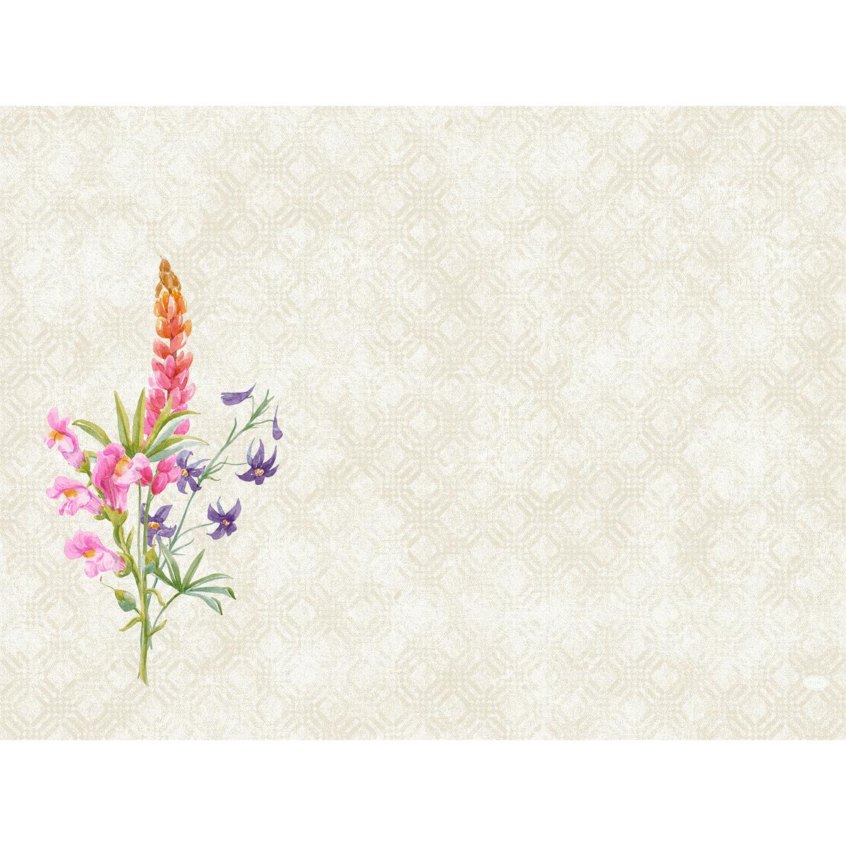 Ein Aquarell von rosa und orangefarbenen Lupinen mit violetten Blüten auf grünen Stängeln, links auf einem beigen geometrischen Hintergrund - ideal für Duni GmbH Dunicel-Sets 30x40.