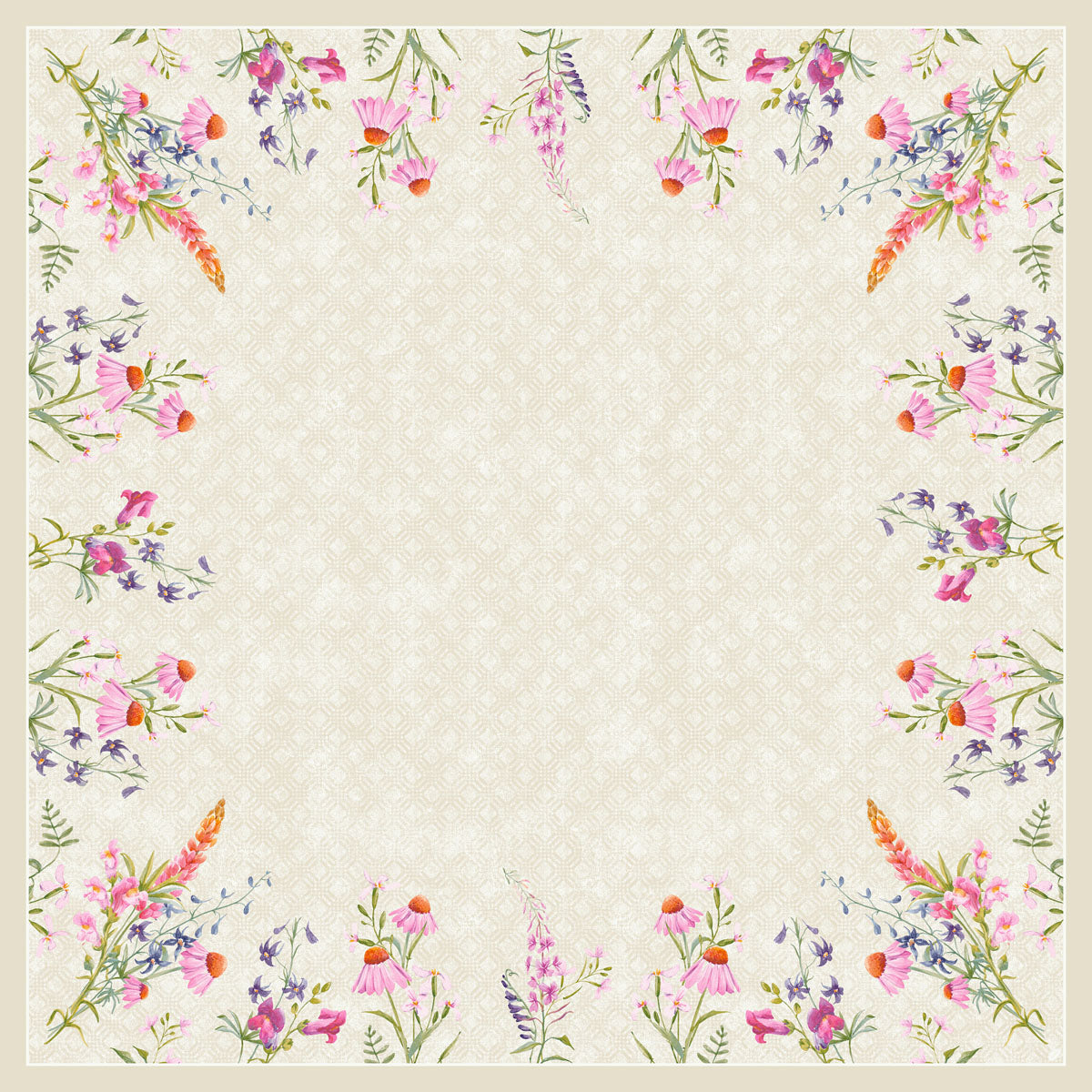 Ein hellbeiges Dunicel-Mitteld.84x84 Floret 20P. von Duni GmbH zeigt eine florale Bordüre in Rosa, Lila und Orange mit grünen Blättern, wobei die Mitte leer bleibt - perfekt für eine stilvolle Tischdekoration; Packung enthält 20 Stück.