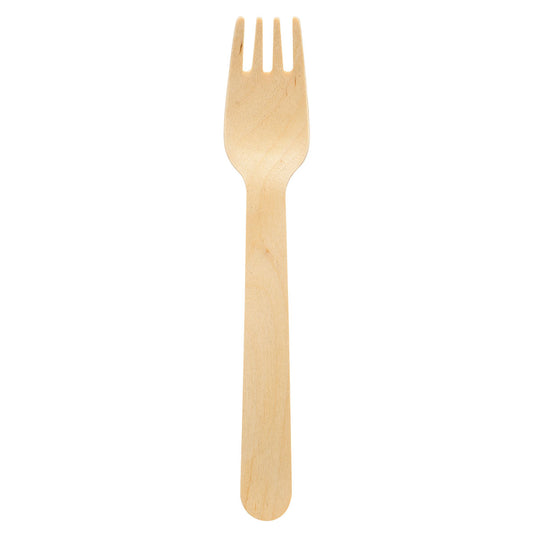 Eine Duni GmbH Gabel 160 mm, Holz gewachst, Natural gewachst 160 (100 Stück Packung) mit vier Zinken ist auf weißem Hintergrund abgebildet und unterstreicht umweltfreundliches Besteck.