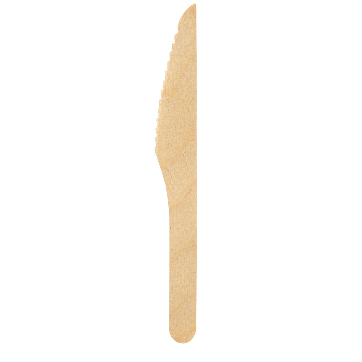 Ein biologisch abbaubares, umweltfreundliches Einwegmesser "Messer 165 mm, Holz gewachst" von Duni GmbH mit flachem Griff und gezackter Kante, präsentiert auf weißem Hintergrund. Die Packung enthält 100 Stück.