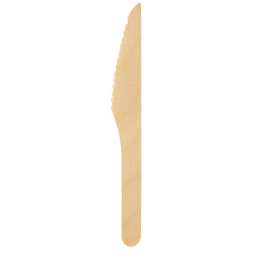 Ein biologisch abbaubares, umweltfreundliches Einwegmesser "Messer 165 mm, Holz gewachst" von Duni GmbH mit flachem Griff und gezackter Kante, präsentiert auf weißem Hintergrund. Die Packung enthält 100 Stück.