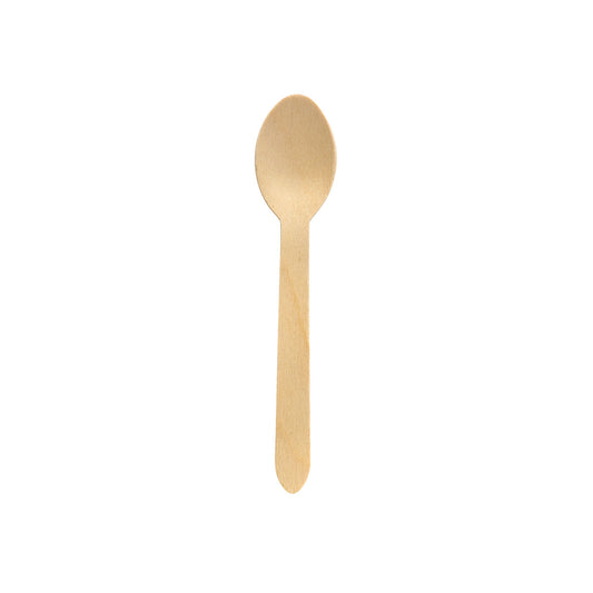 Ein einzelner Duni GmbH Löffel 160 mm, Holz gewachst, mit abgerundeter Schale und geradem Griff steht mittig auf weißem Grund - ein ideales umweltfreundliches Einweg-Besteck. Packung: 100 Stück.