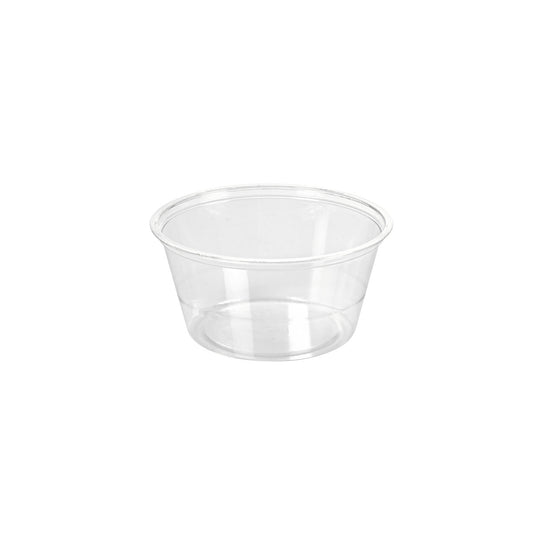 Der Dressingbecher 100 ml der Duni GmbH aus transparentem rPET mit breiter Öffnung und ohne Deckel (74x74x35 mm) ist auf einem schlichten weißen Hintergrund abgebildet. Packungsgröße: 200 Stück.