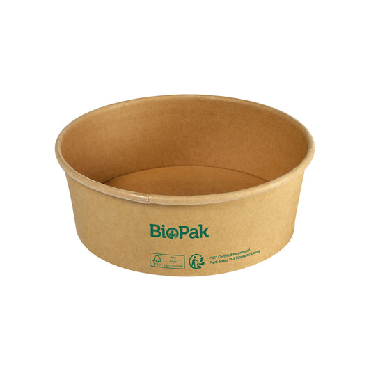 Eine braune, runde Bowl Ronda WIDE Karton/PLA von Duni GmbH mit grünem BioPak-Logo und Zertifizierungssymbolen außen, dargestellt vor weißem Hintergrund.