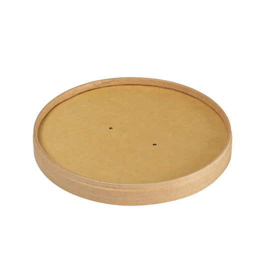 Ein runder, flacher, brauner Deckel Karton Ronda WIDE von Duni GmbH (FSC/PLA, 500/700ml, 150x150x17mm)-ideal für nachhaltige Verpackung. Packung enthält 50 Stück. Abgebildet auf weißem Hintergrund mit zwei Mittellöchern.