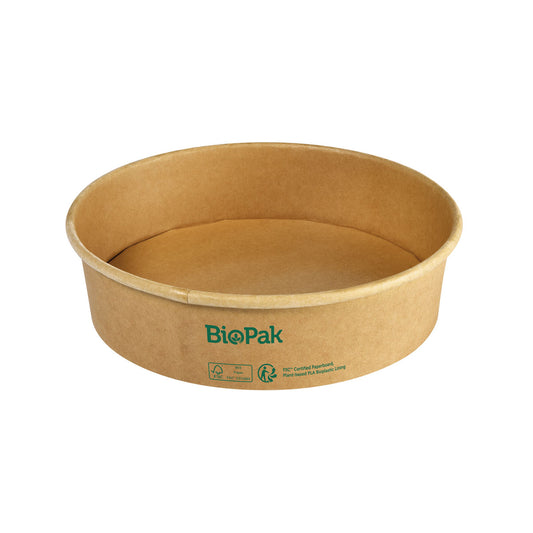 Die Bowl Ronda WIDE+ Karton/PLA Braun 900 ml von Duni GmbH aus FSC-Karton, mit BioPak-Logo und grünen Recycling-Symbolen, ist rund, braun und wird im 50er-Pack vor weißem Hintergrund präsentiert.