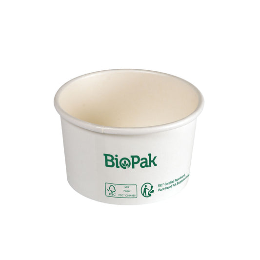 Die Bowl Ronda SHORT Karton/PLA von Duni GmbH - eine runde, weiße Einwegschale mit grüner Markenaufschrift und biologisch abbaubarer Zertifizierung, die nachhaltige Wahl für umweltfreundliches Servieren.