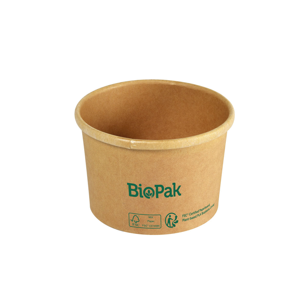 Ein brauner Bowl Ronda SHORT Karton/PLA von Duni GmbH mit Öko-Symbolen, dargestellt auf weiß - eine biologisch abbaubare und nachhaltige Alternative für umweltfreundliche Einwegschale.