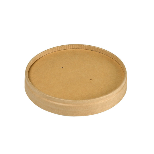 Ein runder, brauner FSC/PLA-Kartondeckel (90x90x16 mm) mit leichtem Rand und zwei Löchern, entworfen von der Duni GmbH, passend für den Ronda SHORT Becher 240/360 ml. Packung: 25 Stück.
