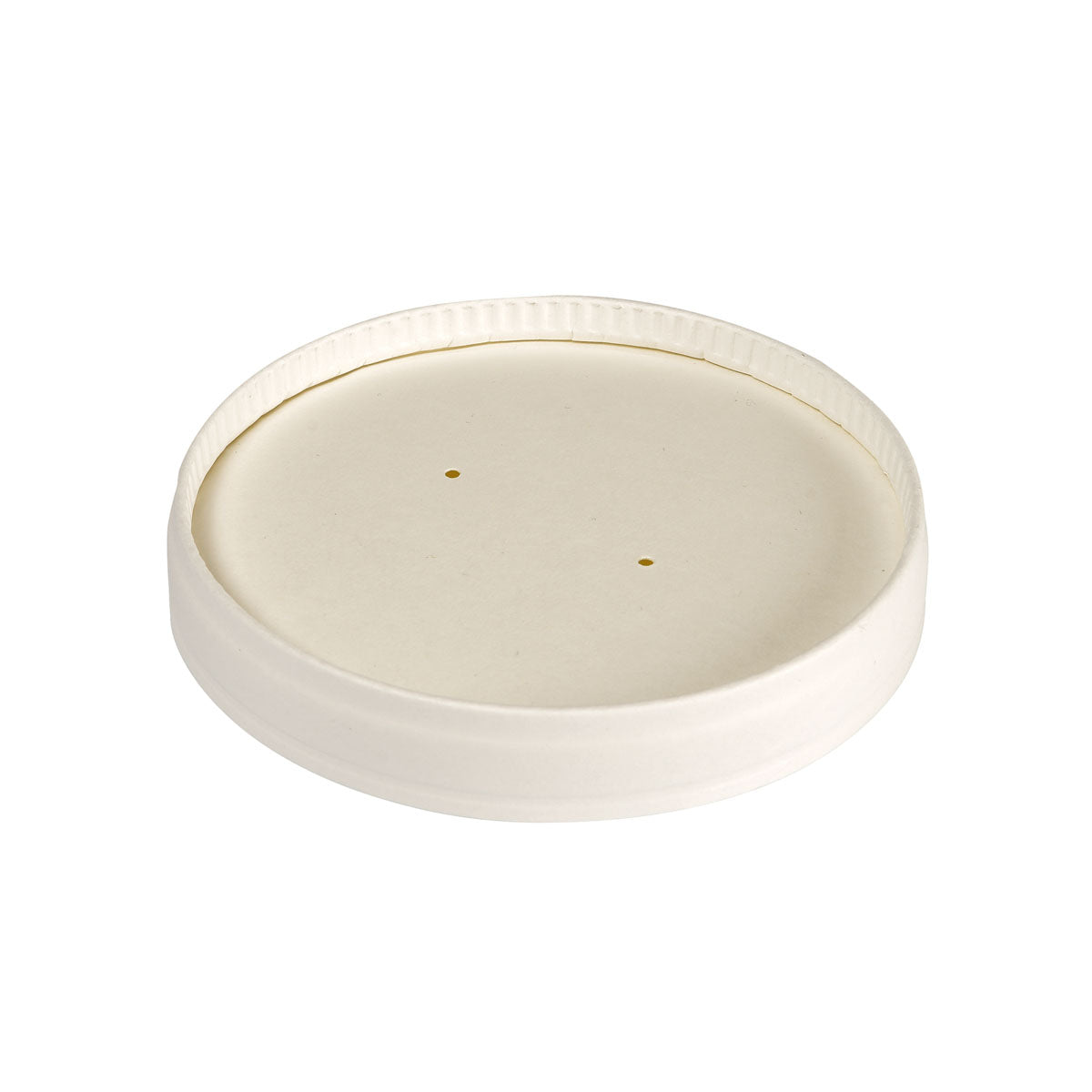 Ein weißer, runder Deckel Karton Ronda SHORT (480 ml, 98x98x17 mm) der Duni GmbH mit zwei kleinen Mittellöchern, von oben gesehen auf weißem Grund. FSC-zertifiziert und PLA-beschichtet; erhältlich in Packungen zu 25 Stück.