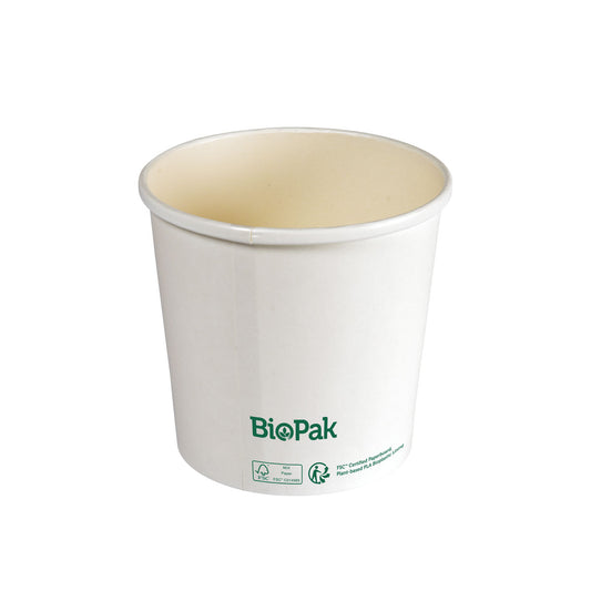 Ein schlichter weißer Bowl Ronda SLIM Karton/PLA-Becher der Duni GmbH mit grünem Branding und Recycling-Symbolen, aufrecht stehend auf weißem Hintergrund - perfekt für umweltfreundliche und biologisch abbaubare Nutzung.