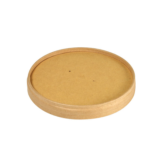 Der Deckel Karton SLIM Karton/PLA Braun (350/550/750/950 ml, 117x117x19 mm) der Duni GmbH ist ein runder, flacher, FSC-zertifizierter brauner Kartondeckel mit PLA-Beschichtung und erhöhtem Rand. Packung mit 25 Stück auf weißem Hintergrund.