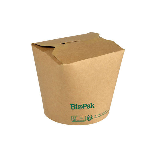 Ein geschlossener brauner Karton, biologisch abbaubar, mit umweltfreundlichen Symbolen und dem Duni GmbH-Logo in Grün sitzt vor einem weißen Hintergrund - ideal als umweltfreundliche Schale für Ihre Bowl Ronda ASIA Karton/PLA 750 ml Mahlzeiten.
