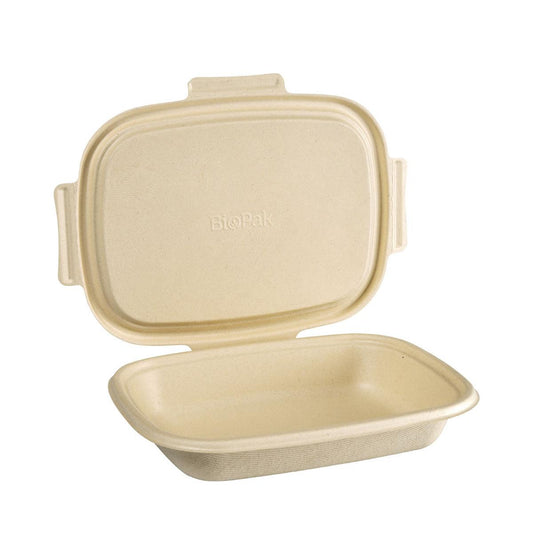 Eine braune, rechteckige Bagasse Box Shield 900 ml von Duni GmbH mit Klappdeckel - biologisch abbaubar und umweltfreundlich, ideal als nachhaltige Verpackung. Die Packung enthält 50 Stück.