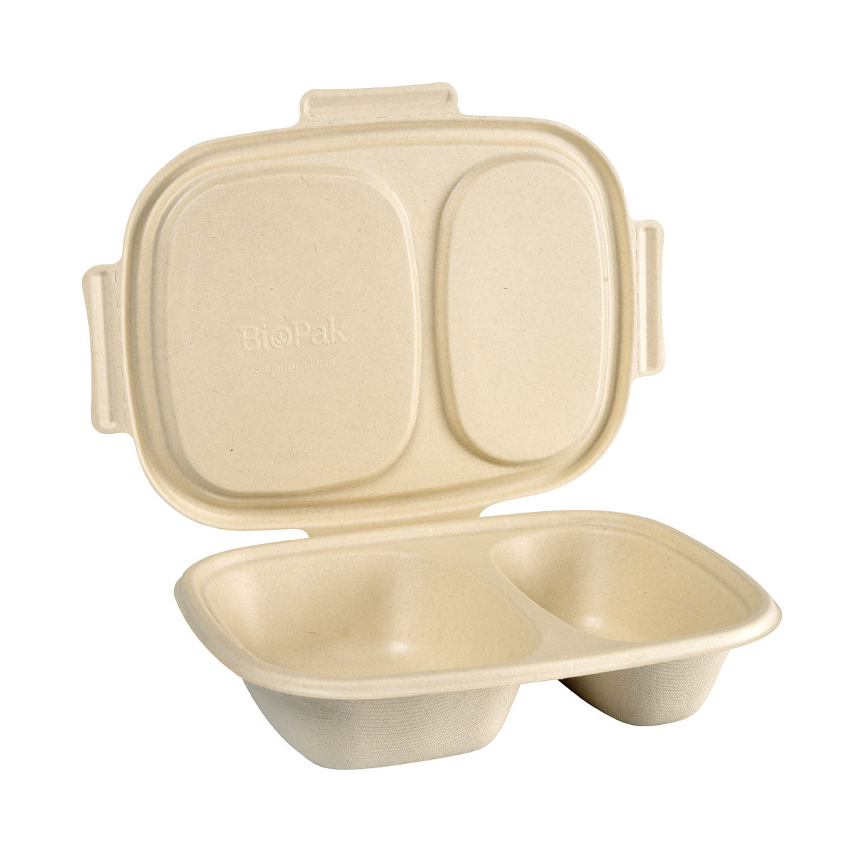 Die Duni GmbH Bagasse Box Shield 2-geteilt 600/300 ml, aus brauner Bagasse, rechteckig mit zwei Fächern und passendem Klappdeckel (426x304x56mm), umweltfreundliche Verpackung, wird aufrecht und offen dargestellt. Packung à 50 Stück.