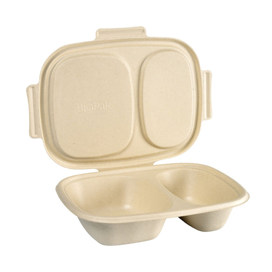 Die Duni GmbH Bagasse Box Shield 2-geteilt 600/300 ml, aus brauner Bagasse, rechteckig mit zwei Fächern und passendem Klappdeckel (426x304x56mm), umweltfreundliche Verpackung, wird aufrecht und offen dargestellt. Packung à 50 Stück.