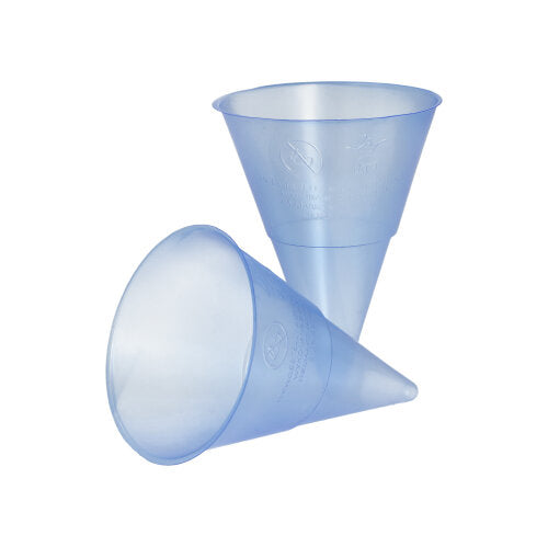 Zwei durchscheinend blaue Starpak 1000 Spitzbecher PP-Trichter (115 ml, Ø 7,03 cm, 9,5 cm) stehen auf weißem Hintergrund – einer aufrecht, einer liegend – und zeigen ihre konische Form. Packung mit 1000 Stück von Starpak.