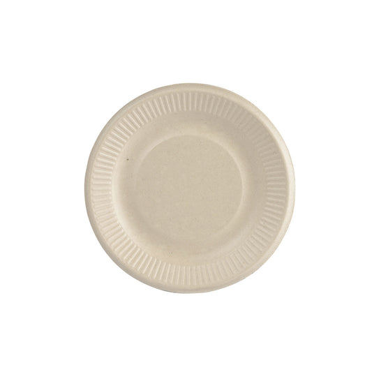 Ein runder, brauner Bagasse-Teller (ø 15 cm) der Marke Duni GmbH, biologisch abbaubar und umweltfreundlich - als Packung mit 50 Stück erhältlich.