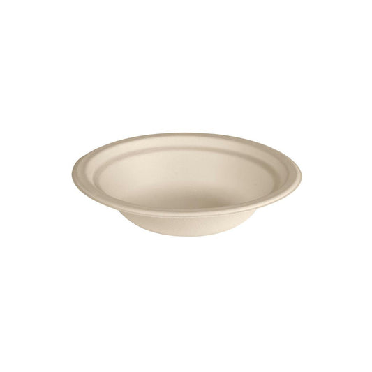 Die Abbildung zeigt den Suppenteller 450 ml Bagasse der Duni GmbH - eine runde, beigefarbene Einwegschale aus biologisch abbaubarer Bagasse, perfekt als umweltfreundliches Einweggeschirr für umweltbewusstes Essen.