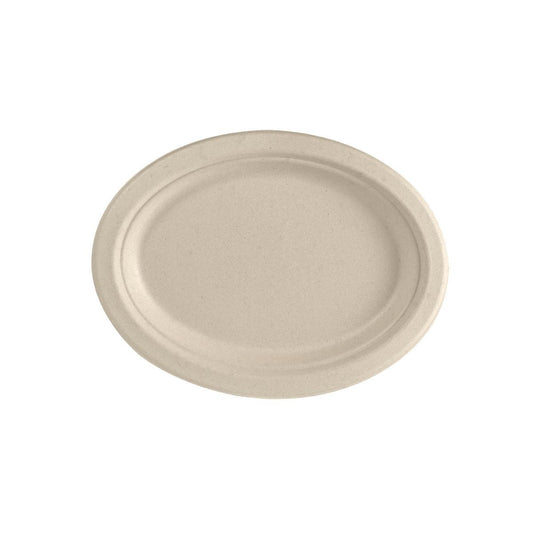 Ein ovaler, brauner Bagasse-Teller ø 26 cm der Marke Duni GmbH ist abgebildet. Der umweltfreundliche Einwegteller aus biologisch abbaubarem Material liegt vor weißem Hintergrund. Packung mit 50 Stück.